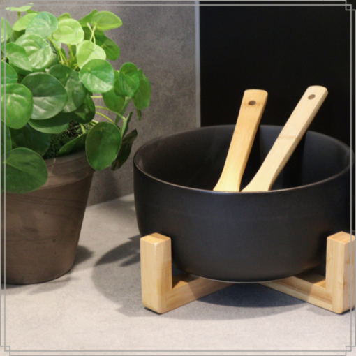 OTIX Slakom Saladeschaal Zwart Set Bamboe 21 cm met Opscheplepels