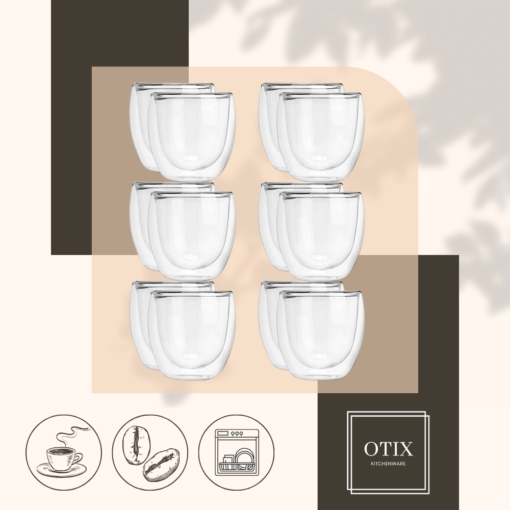 OTIX Dubbelwandige koffieglazen Koffiekopjes 245 ml Set van 12