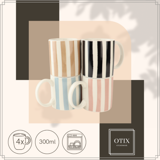 OTIX Koffiekopjes Theemokken 4 Stuks 300ml Cappuchino Glazen Streep Diverse Kleuren Keramiek