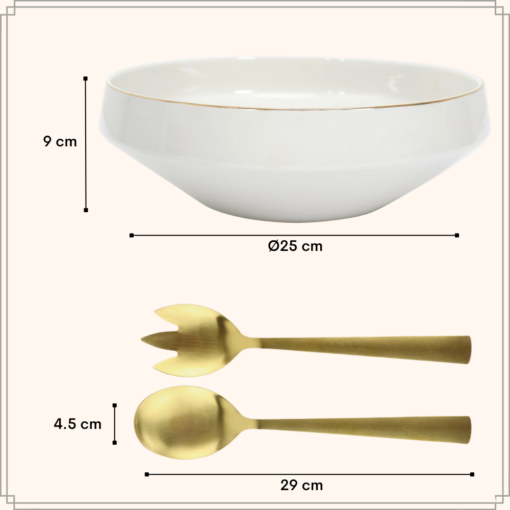 OTIX Saladeschaal Slakom Serveerschaal met Slacouvert 25cm Wit met Gouden Rand Porselein CROCUS