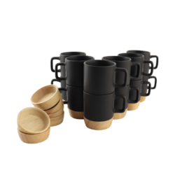 OTIX Espresso Kopjes Zwart Set van 12 met Bamboe Onderzetter