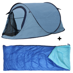 HIXA Pop-Up Tent 1 Persoons Blauw Met Tentharingen en Slaapzak 220x120x95cm Kamperen