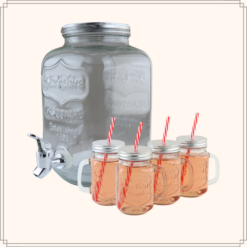OTIX Drankdispenser Limonadetap Glas 4l met Drinkbekers Mason jar Set van 4