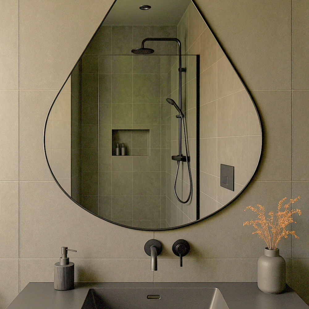 MIRRORS AND MORE MISOU Wandspiegel Organische Spiegel Druppel Spiegel Badkamer Zwart metaal 100x80cm BRITTA